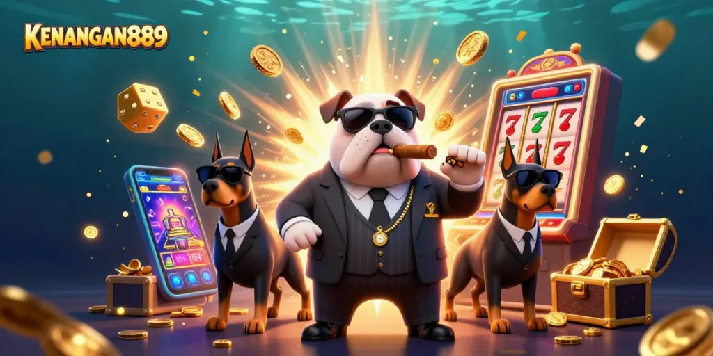 Spin and win at KENANGAN889 with a dynamic scene featuring a mafia bulldog and luxurious casino elements.
