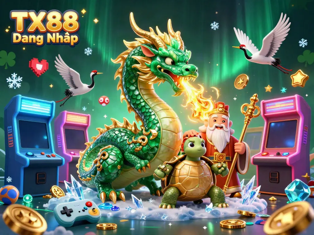 Experience the excitement of TX88 Đăng Nhập with a lively dragon and gaming elements in a vibrant casino setting.