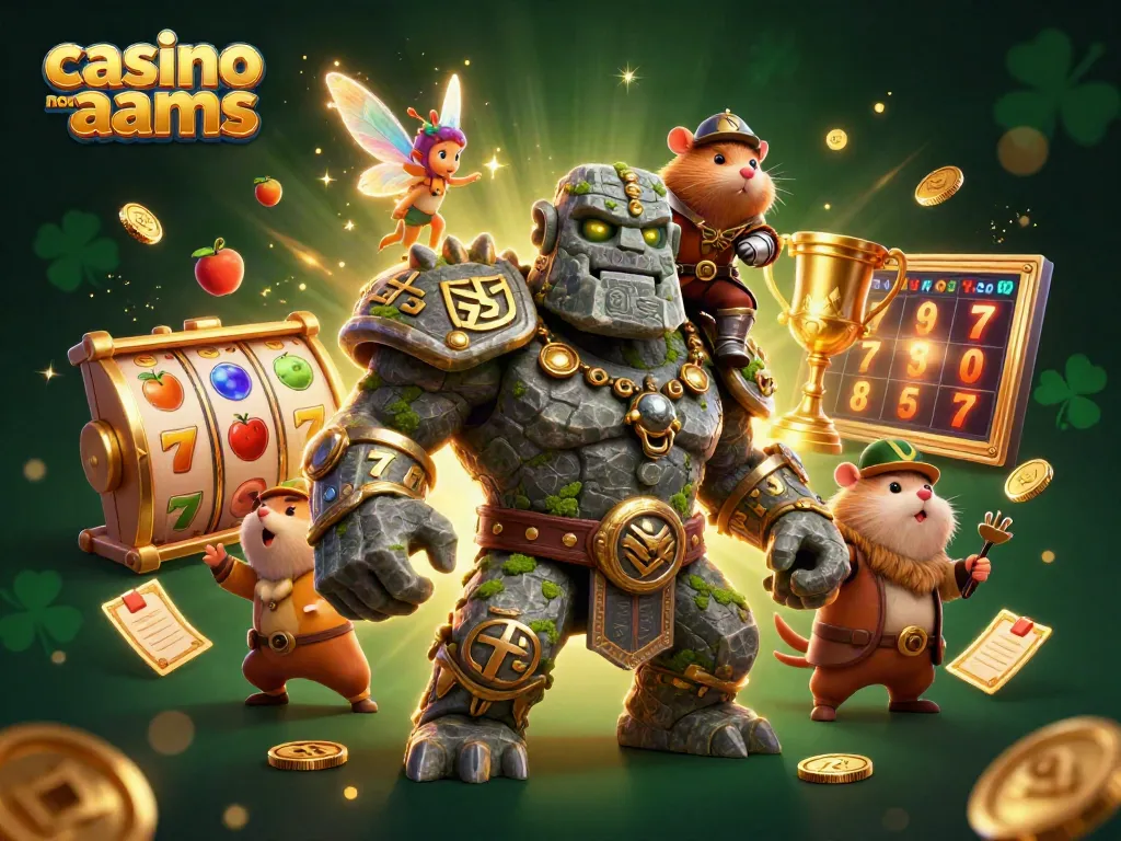 Giocatori che esplorano offerte nei casino non AAMS, con simboli di gioco e trofei d'oro.