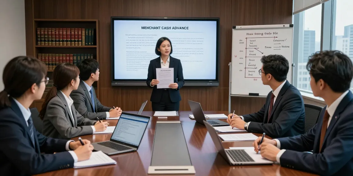 Legal professionals discussing a merchant cash advance lawsuit strategy in a modern office, emphasizing teamwork and expertise.