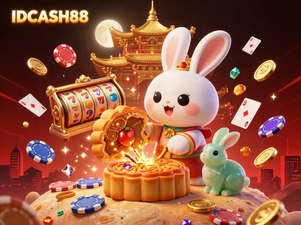 Engage with the vibrant gaming excitement of IDCASH88 in a stunning lunar setting featuring playful characters and casino elements.