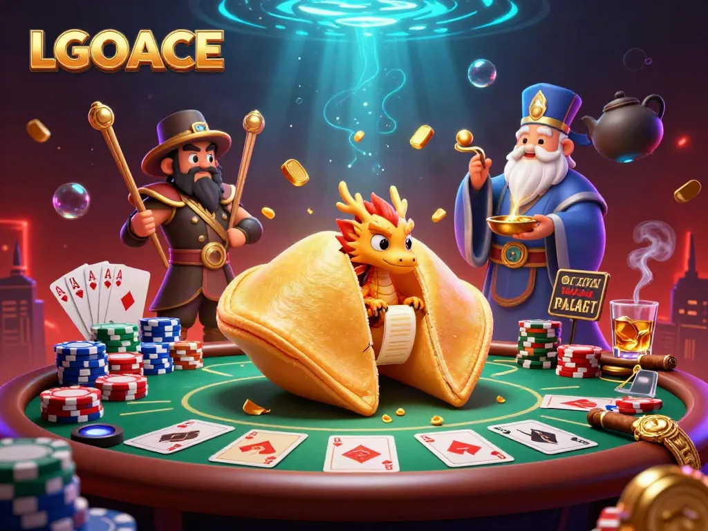 LGOACE showcases a vibrant 3D illustration highlighting poker elements and fortune characters for online casino excitement.