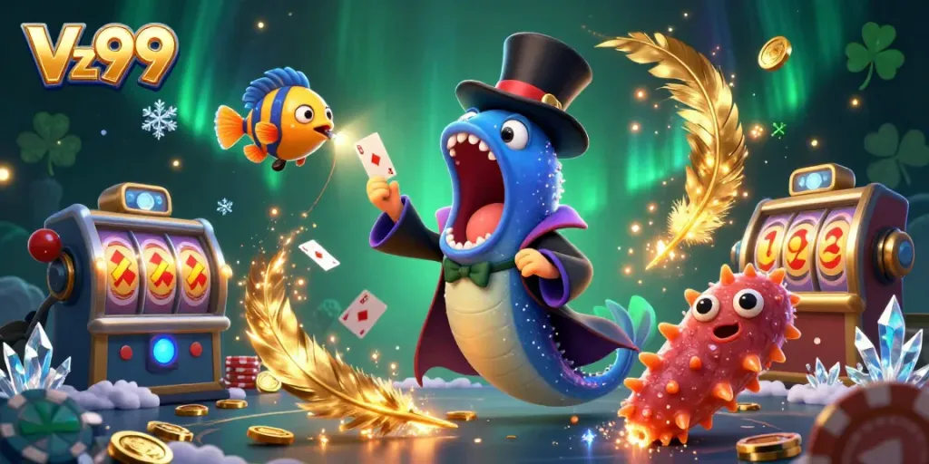 Experience thrilling card tricks with Vz99's unique characters in this vibrant casino scene.