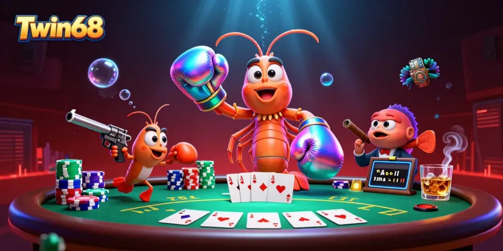 Engage in thrilling gameplay at Twin68 with vibrant shrimp characters, poker details, and casino elements.