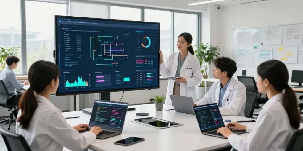 Team collaborating on enterprise AI models in a modern workspace with interactive displays.