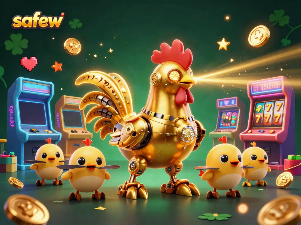 Engage with safew's vibrant casino scene featuring a golden rooster robot and arcade elements.