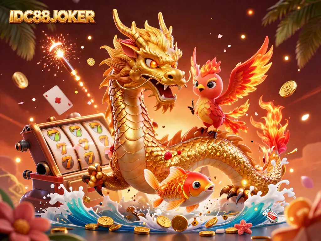Play thrilling games with IDC88JOKER, featuring stunning visuals of a dragon, phoenix, and casino elements.