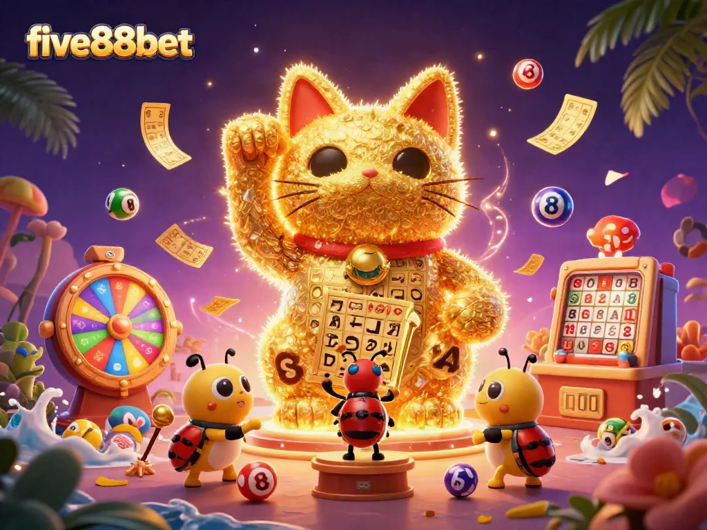 Experience exciting casino moments with five88bet's vibrant lucky cat and game symbols.