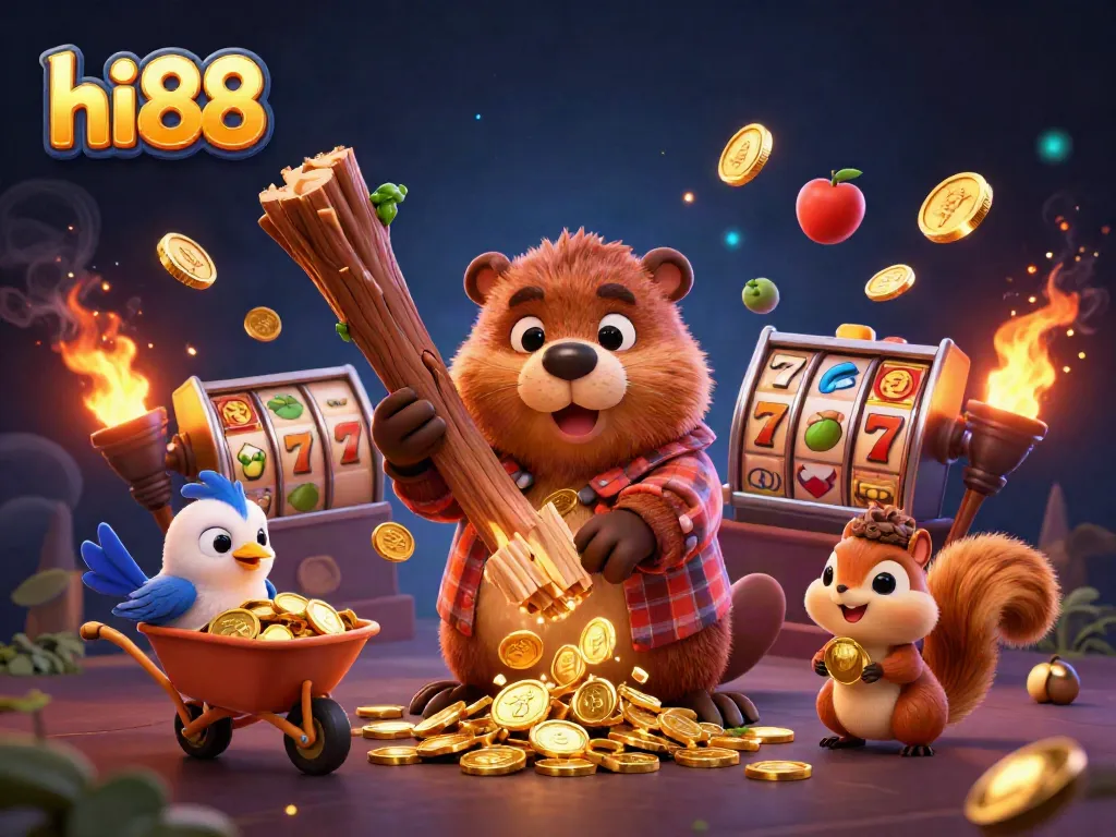 hi88 shines as a playful lumberjack beaver garners riches from a jackpot celebration in a vibrant casino setting.