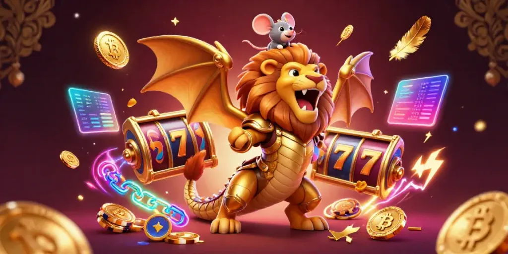 Engage with the lively 23win gaming scene featuring a golden armored chimera and vibrant slot elements.