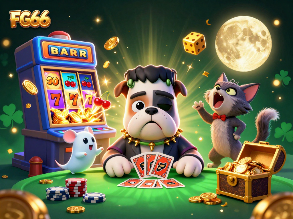Experience the excitement of FG66 as a Frankenstein bulldog monster deals cards amidst a jackpot explosion!