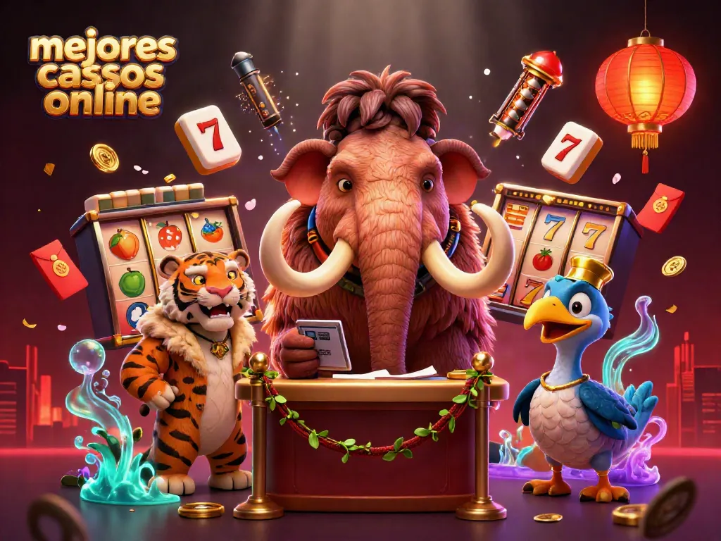 Juega en los mejores casinos online, retratando una escena vibrante con personajes únicos y elementos de juego.