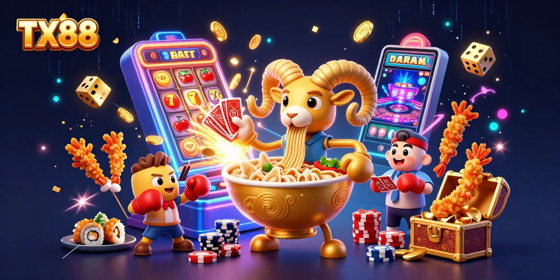 Experience the thrill of TX88 with a vibrant 3D casino scene featuring giant ramen bowl dealers and explosive jackpots.
