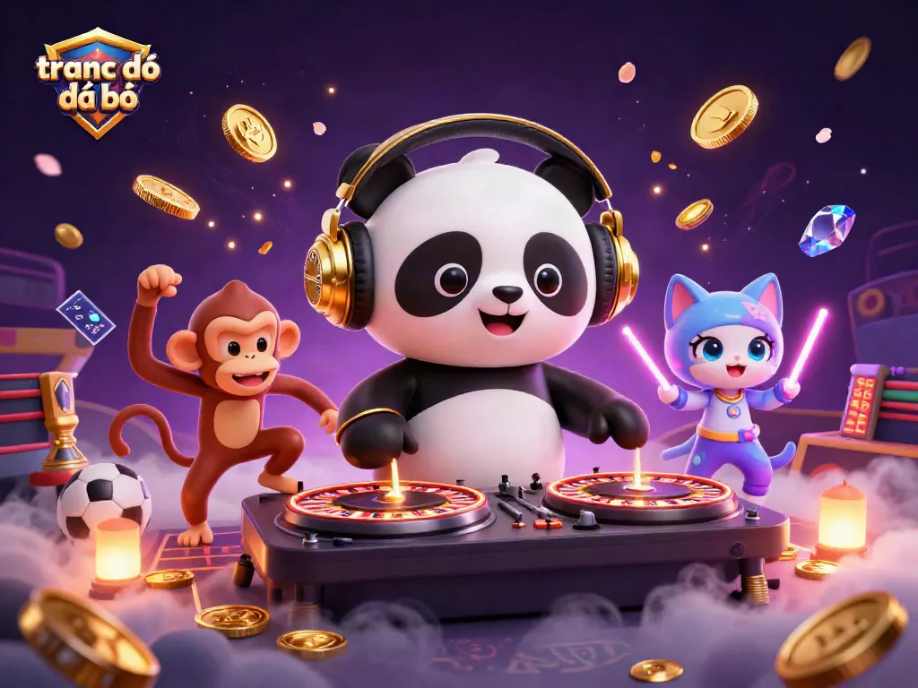 Cá độ bóng đá với trang cá độ đá bóng, DJ panda, khỉ nhảy múa và mèo electronica trong không gian sôi động.