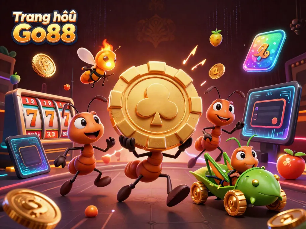 Engage with Trang chủ Go88 through a whimsical heist scene featuring cartoon ants and casino elements.