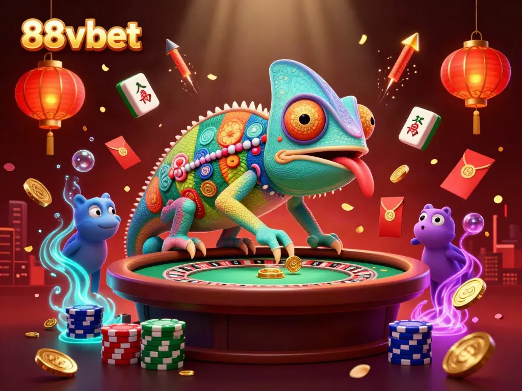 Bet on fun with vibrant casino-themed illustration featuring the colorful chameleon 88vbet mascot.