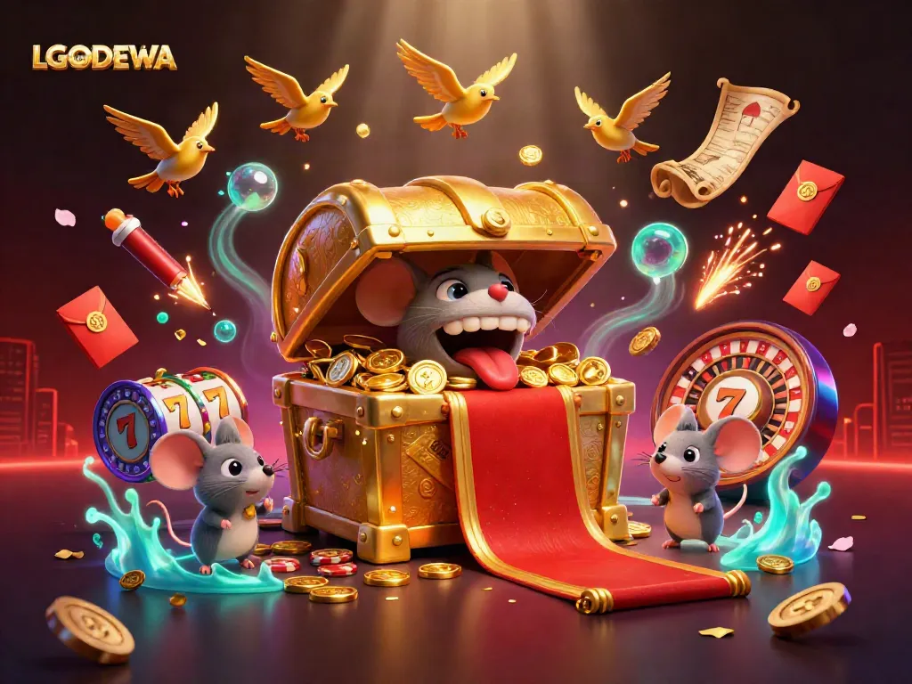 Experience thrilling gaming with LGODEWA in a vibrant 3D cartoon illustration of treasure and luck.