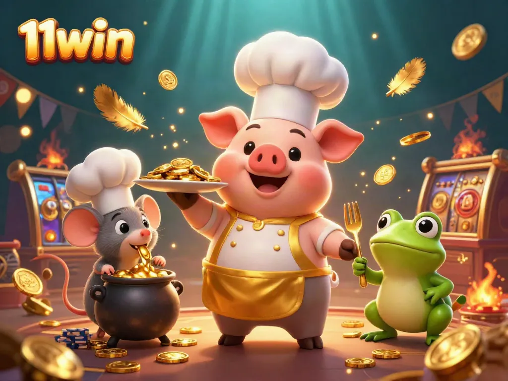 Experience the thrill of winning at 11win with enchanting cartoon characters showcasing gold coins in a lively casino.