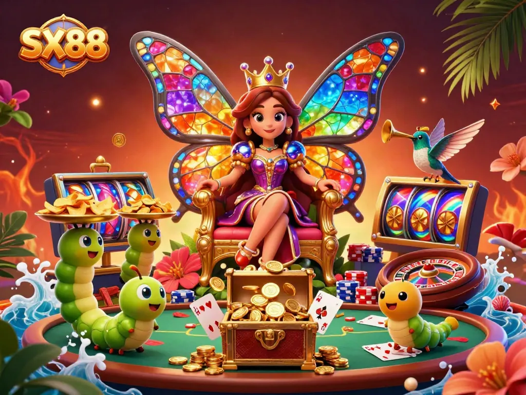 SX88 offers vibrant casino excitement with animated elements of poker tables and slot reels.