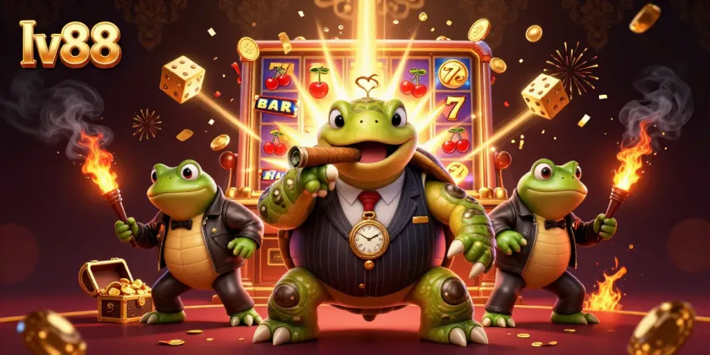 Experience the excitement at lv88 with a vibrant casino scene featuring unique characters and dynamic game elements.