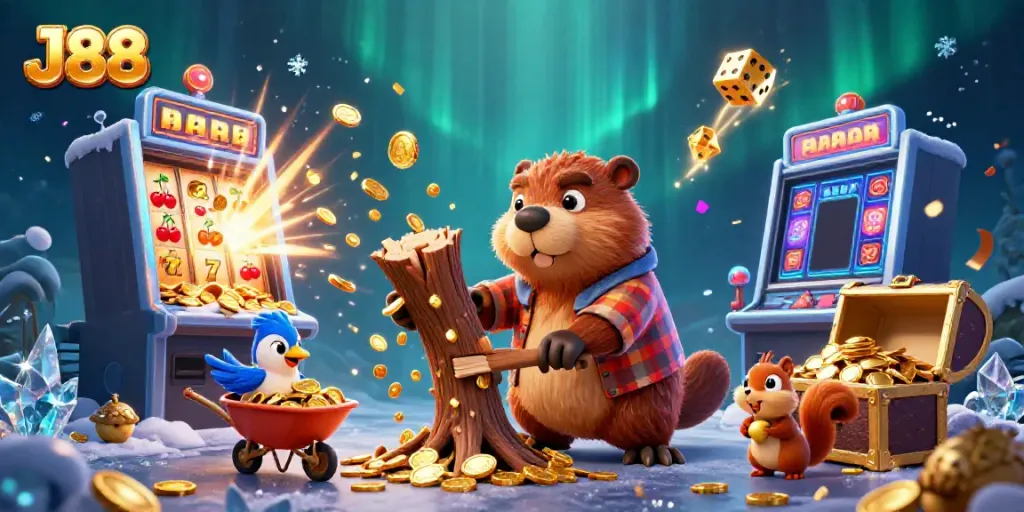 Experience the thrill of J88 with a vibrant scene of gold coins raining down, featuring cartoon characters amidst casino elements.