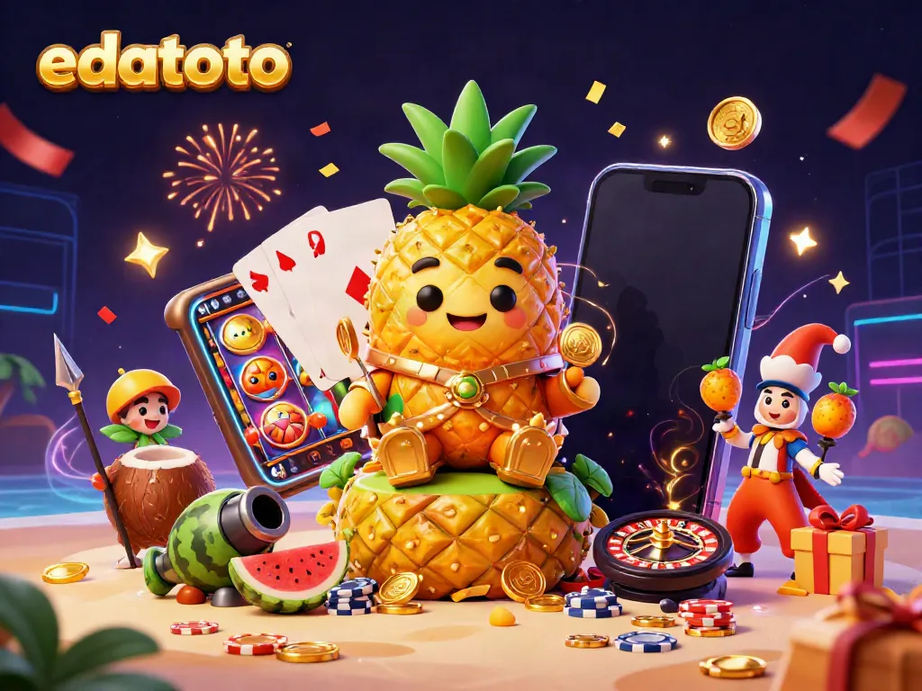 Engage in thrilling gameplay with edatoto's vibrant casino scene featuring a golden pineapple king and exciting gaming elements.