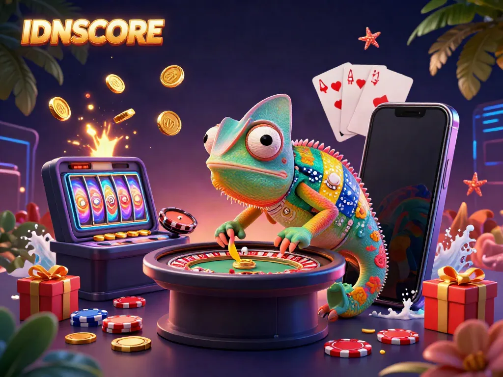 Experience vibrant gameplay at IDNSCORE with an engaging chameleon owner capturing gold coins.