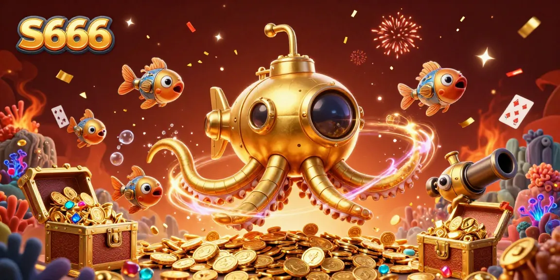 S666 showcases a thrilling underwater adventure with a golden kraken submarine amidst gold coins and festive elements.