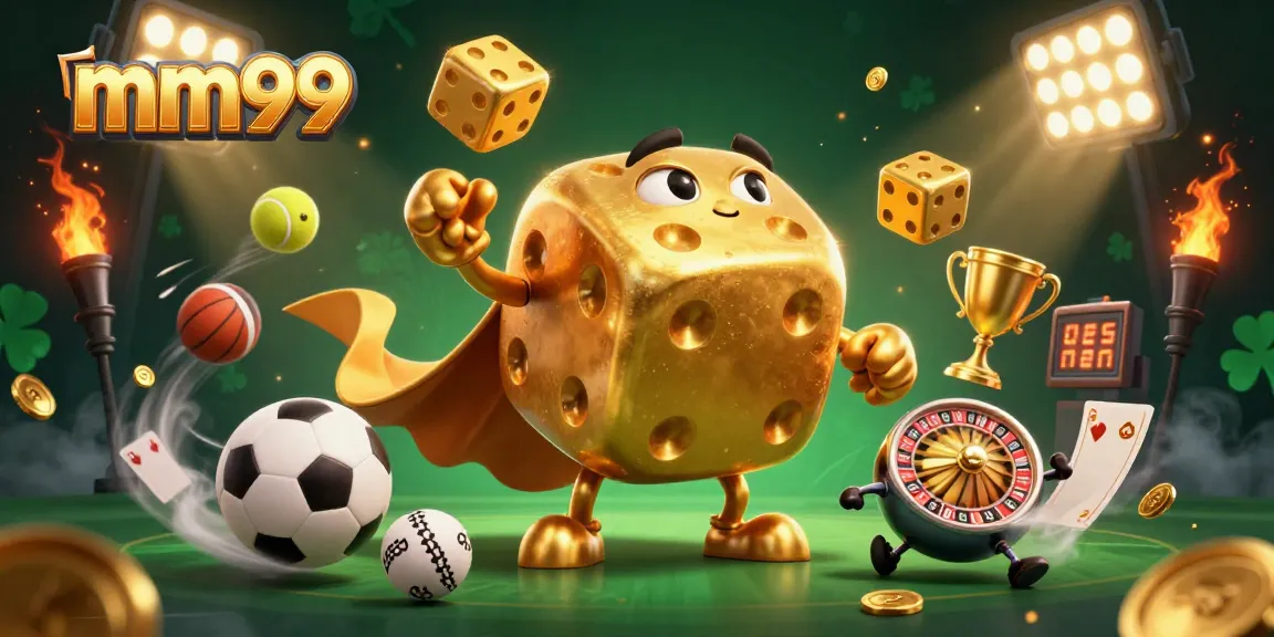 Engage in thrilling sports betting adventures with mm99 featuring golden dice, sports balls, and trophies.