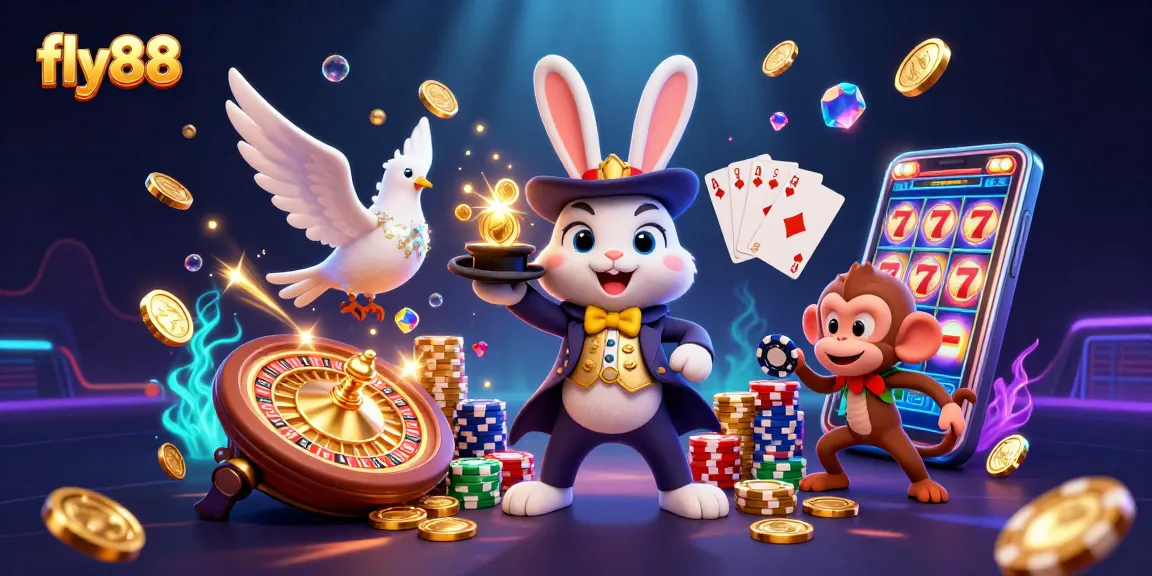 Experience thrilling gaming with fly88, featuring a magician rabbit, vibrant chips, and sparkling coins.