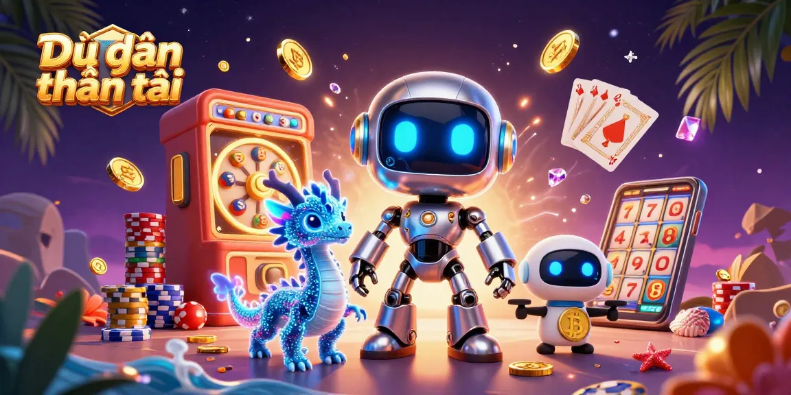 Dự đoán thần tài lottery predictions enriched with dynamic gaming elements, showcasing joyful characters and vibrant casino graphics.