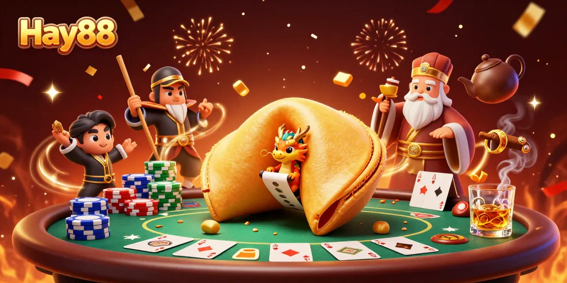 Engage with Hay88's dynamic casino scene featuring a fortune cookie and poker elements.
