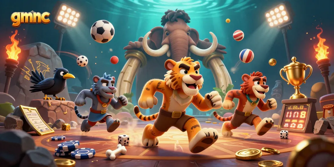 Visualize gmnc's thrilling casino adventure with a 3D caveman duo, dynamic sports betting elements, and glowing treasures.