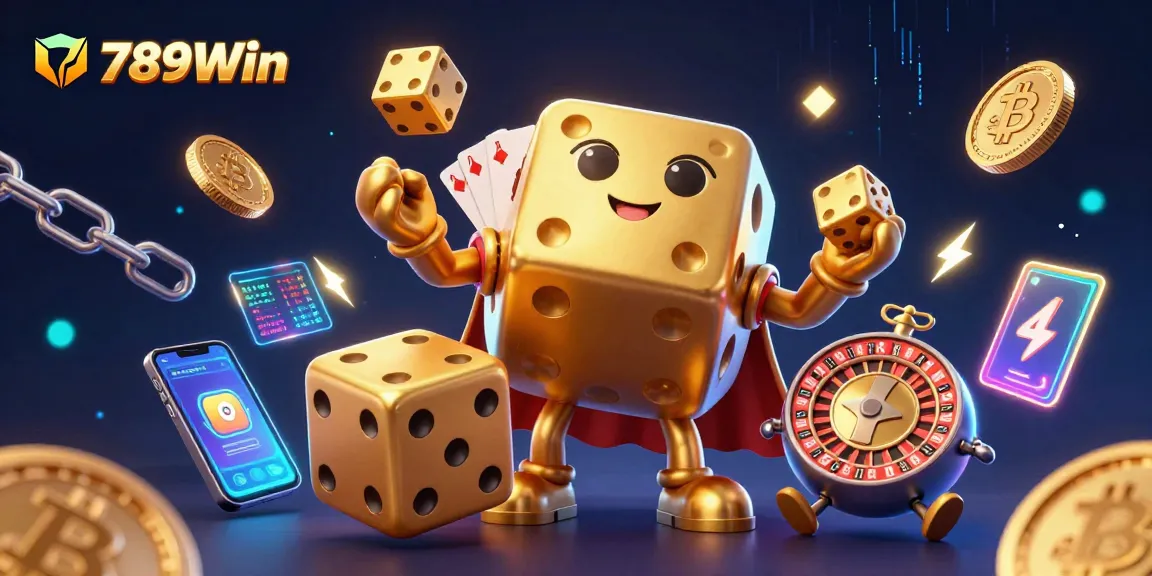 Experience thrilling gaming with 789Win's vibrant casino elements and golden dice golem.