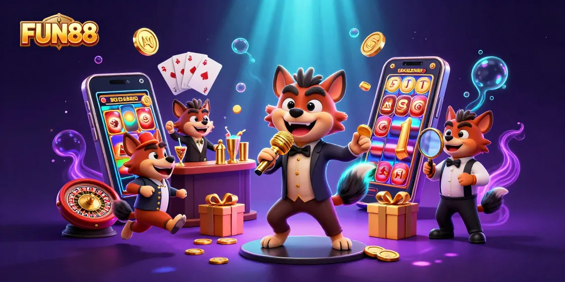 Engage in FUN88’s thrilling casino experience with hyenas in a vibrant scene full of gaming elements.