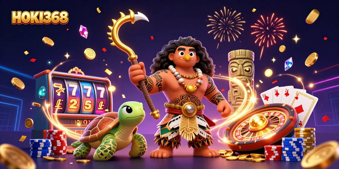 Experience excitement with HOKI368's vibrant slot machine action in a dynamic casino scene.