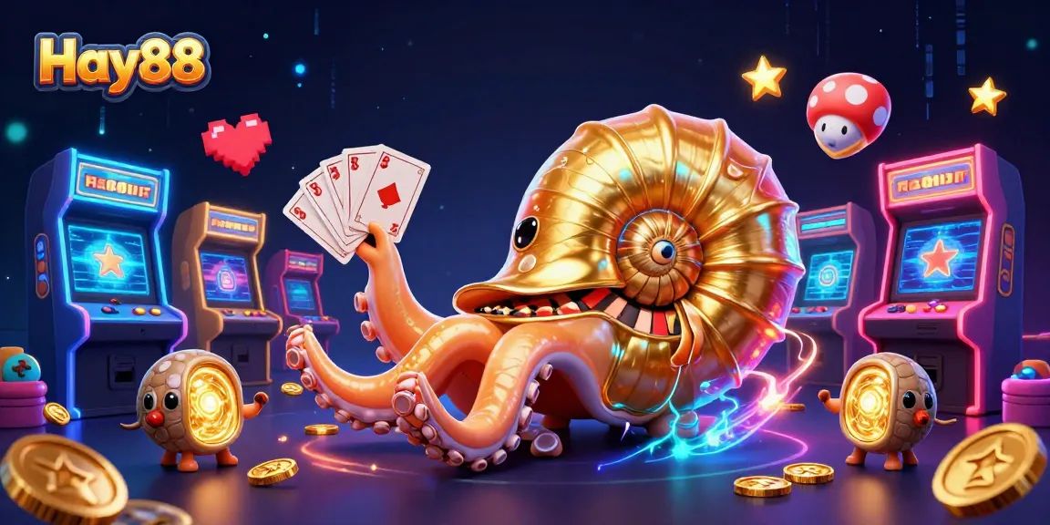 Hay88 players enjoying dynamic casino gaming with nautilus and ammonite companions, surrounded by vibrant arcade elements.